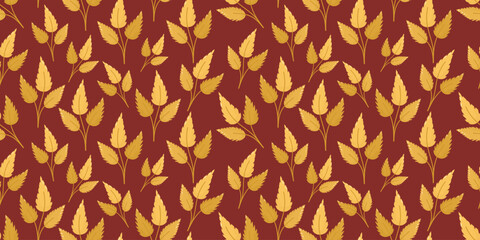 Gold leaf seamless cropped pattern illustration suitable for backgrounds and textile designs. Variety of leaf shapes and sizes. Changeable red background. Elegant texture.