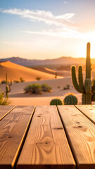 Empty wooden table with blurred desert dunes and cactus in warm golden hour light, perfect for product display


