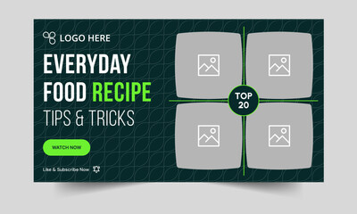Food recipe daily tips and tricks video cover banner design, delicious food recipe tips and tricks video cover banner design, editable vector eps 10 file format	
