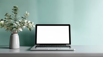 Fototapeta premium Laptop with blank screen and eucalyptus bouquet on minimalist desk
