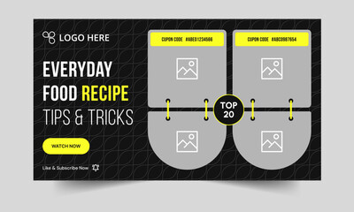 Food recipe daily tips and tricks video cover banner design, delicious food recipe tips and tricks video cover banner design, editable vector eps 10 file format	
