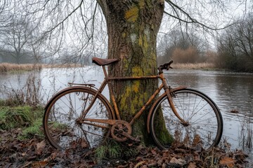 Fototapeta premium Old rusty bicycle leans against the tree by the flooded riverbank, cold autumn. This photo represents memories, decay, and the passage of time by the water.