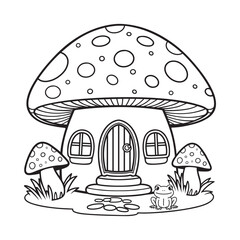 mushroom house with frog coloring page for kids