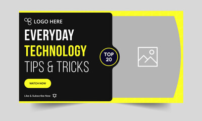 Daily technology tips and tricks video thumbnail banner design, daily photography learning tips and techniques video cover banner design, editable vector eps 10 file format