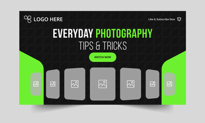 Trendy photography daily tips and tricks video thumbnail banner design, daily photography learning tips and techniques video cover banner design, editable vector eps 10 file format