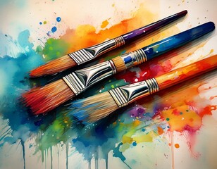 Fototapeta premium paintbrushes on canvas with watercolor blotches artistic workspace