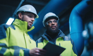 Obraz premium Two multi ethnic engineers having a meeting at a construction site surrounded by pipes holding a tablet