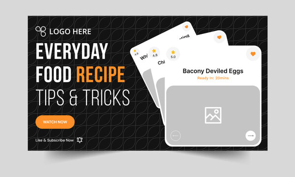 Food recipe daily tips and tricks video cover banner design, delicious food recipe tips and tricks video cover banner design, editable vector eps 10 file format	