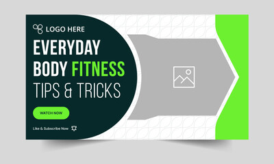 Trendy fitness video thumbnail banner design, fitness tips and tricks banner design, customizable vector eps 10 file format