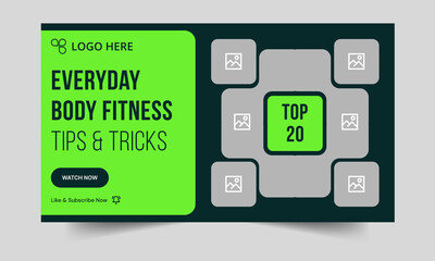 Trendy fitness video thumbnail banner design, fitness tips and tricks banner design, customizable vector eps 10 file format