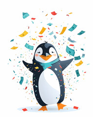 Cartoon penguin in a scarf celebrates with confetti and money raining down