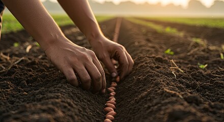 Hands planting seeds in a field at sunrise