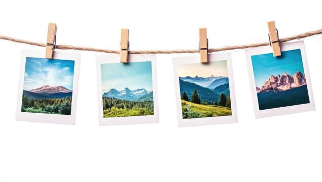 Four mountain photos strung on a clothesline