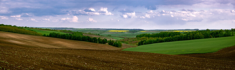 A grand panorama of the unique landscape of the central part of Ukraine. Vast fields for sowing.Agricultural lands.

