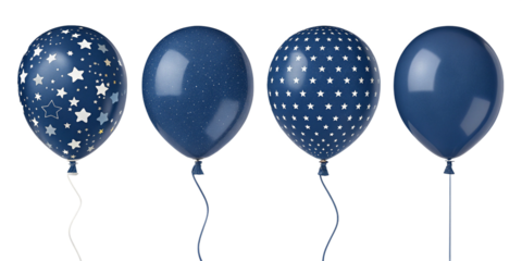 Blue latex balloons with starry patterns and sparkle texture – shiny festive balloon set on transparent background for night-themed celebration