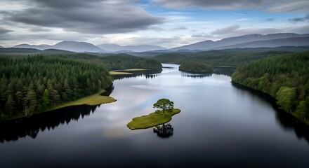 Fototapeta premium Serene lake landscape with islands, forest, and mountain backdrop under a cloudy sky