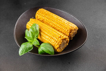 Corn cob food boiled snack vegetable fresh tasty gourmet food background on the table rustic food top view copy space