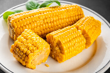 Corn cob food boiled snack vegetable fresh tasty gourmet food background on the table rustic food top view copy space