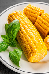Corn cob food boiled snack vegetable fresh tasty gourmet food background on the table rustic food top view copy space