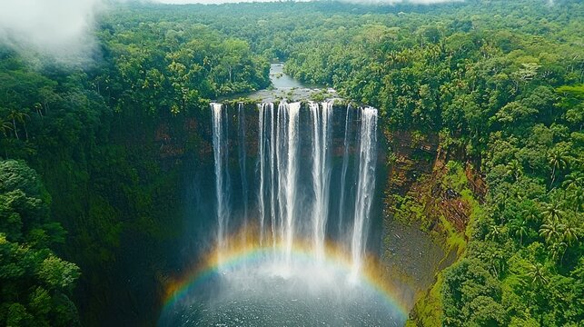 Majestic waterfall cascading into a lush rainforest valley, a vibrant rainbow arches across the spray