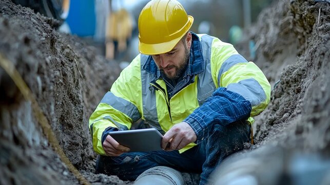 Engineer in high-visibility gear conducting pipeline inspections