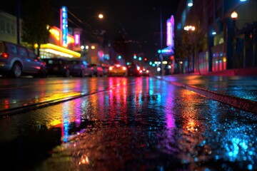 Fototapeta premium Vibrant city street with neon lights reflecting on wet pavement after rainfall at night creating unique light display