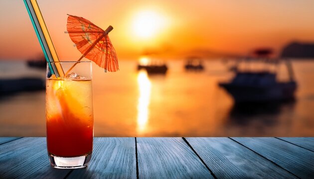 vaso de cristal con bebida o refresco naranja pajita y sombrillita de colores adornando encima de una mesa con fondo de puesta de sol en el oceano borroso con barcos
