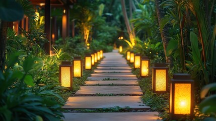Obraz premium Illuminated pathway, tropical garden, night, resort, relaxation