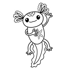 funny colorful axolotl with starfish in hand, waving paw, black coloring
