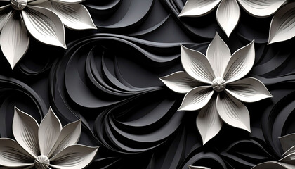 an intricate arrangement of white paper decorations that resemble snowflakes or flowers against a black background
