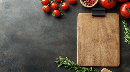 A wooden cutting board with fresh tomatoes and herbs on a dark, textured surface.