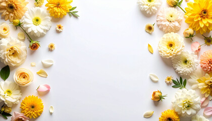 Obraz premium a white surface adorned with various types of yellow flowers and green leaves, arranged in a floral border that frames a blank space within it.