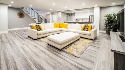 Modern Basement Design Featuring White Sectional Sofa