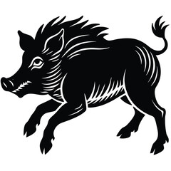 Stylized Black and White Illustration of a Wild Boar