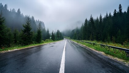 Fototapeta premium road to foggy forest in zakopane in rainy weather