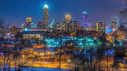 Night cityscape skyline with snow-covered foreground.