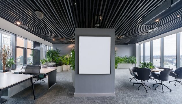 oficina decorada con poster en blanco con marco negro en una pared gris sobre fondo de un edificio modernista con amplios espacios mesas sillas en zona de descanso decorado con plantas