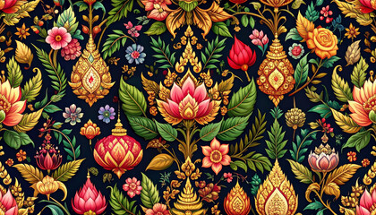 a rich tapestry of a repeating floral pattern with a variety of flowers in full bloom