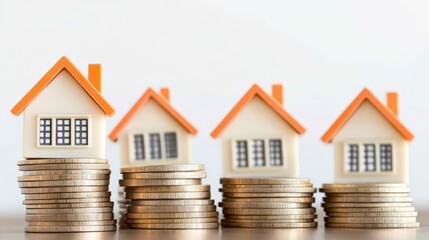 Four miniature houses on increasing stacks of coins.