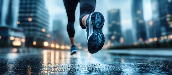 Runner's legs and shoes in motion on a rain-slicked city street at dusk.