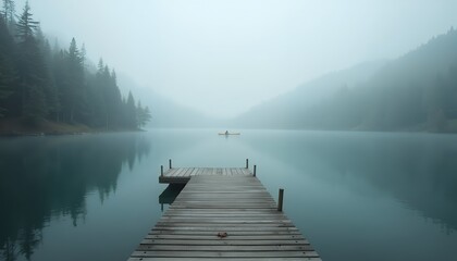 Naklejka premium Lake and Dock on a Foggy Day