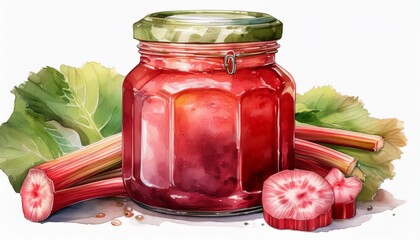 rhubarb fruit jam jar in watercolor style isolated on white ai generated
