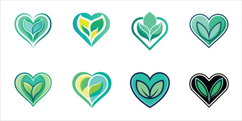 Set of eco-friendly heart logos with leaves 