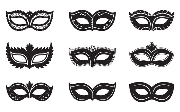 Set of black masquerade masks in different styles, perfect for costume parties, events, and creative design projects related to mystery, disguise, and elegance.