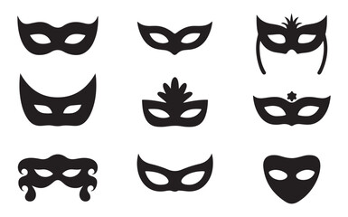 Set of black masquerade masks in different styles, perfect for costume parties, events, and creative design projects related to mystery, disguise, and elegance.