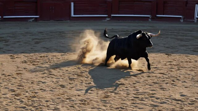 Powerful black fighting bull kicking up swirling dust while charging across bullring, embodying raw strength and Spanish bullfighting tradition