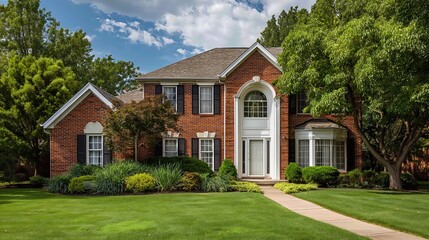 An elegant brick house stands proudly amid lush greenery and a manicured lawn, glowing under the sunny suburban sky.
