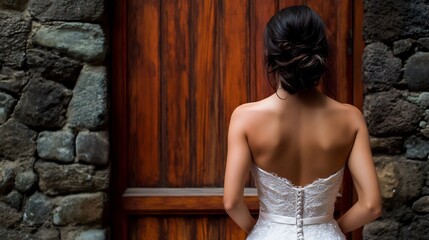Elegant Bride Back View Near Stone Wall and Wooden Door