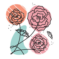 Vector Illustration of Abstract Line Art Flowers (Roses) with Leaves and Organic Shapes on Color Block Background in Pink, Teal, and Orange