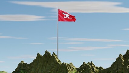 3D rendering of the Hanover flag with a bold red field and a central white Saxon Steed emblem, majestically waving atop a snow-covered mountain peak, symbolizing heritage, strength, and pride.

